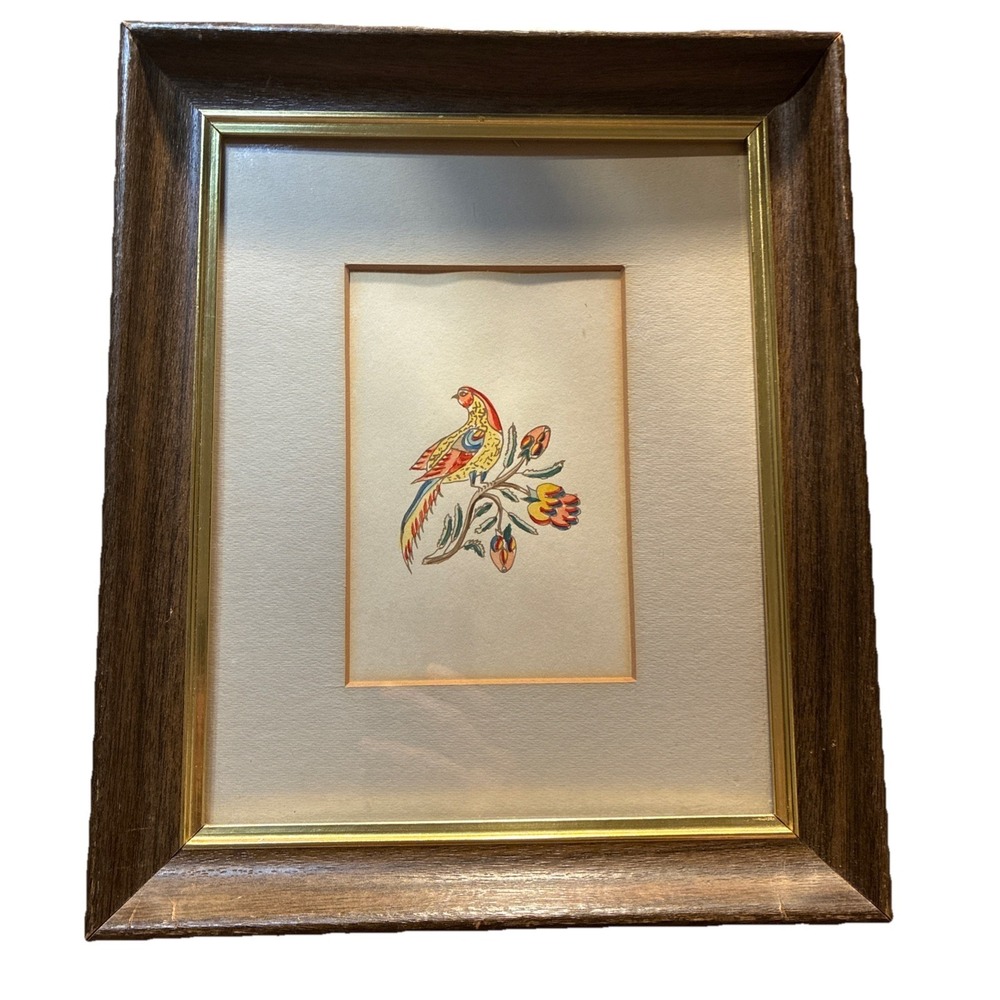 VTG Pennsylvania Dutch Fraktur Folk Art Bird And Tulips Framed Wood Brass Frame
